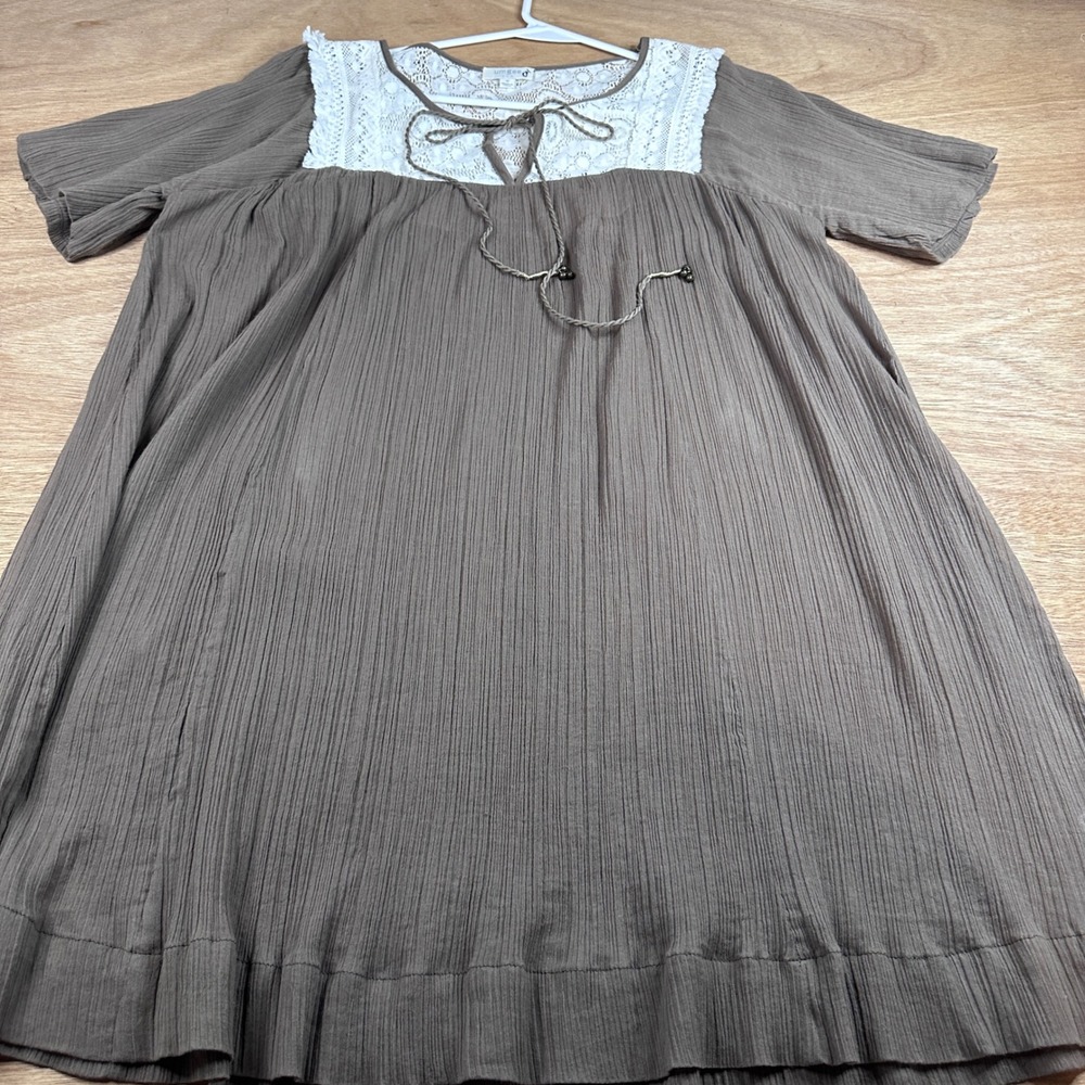 Umgee USA Dress Medium Taupe Lace Gauze Babydoll Boho Mini Swing Dress